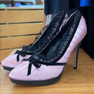Pleaser Pink and Black Ruffled Heels